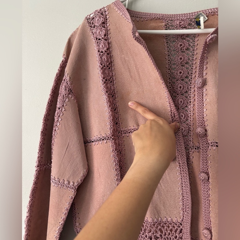 Y2K Fairycore Pink Suede crochet cottage Boho Knitwear Festival cardigan - Large - Picture 12 of 12